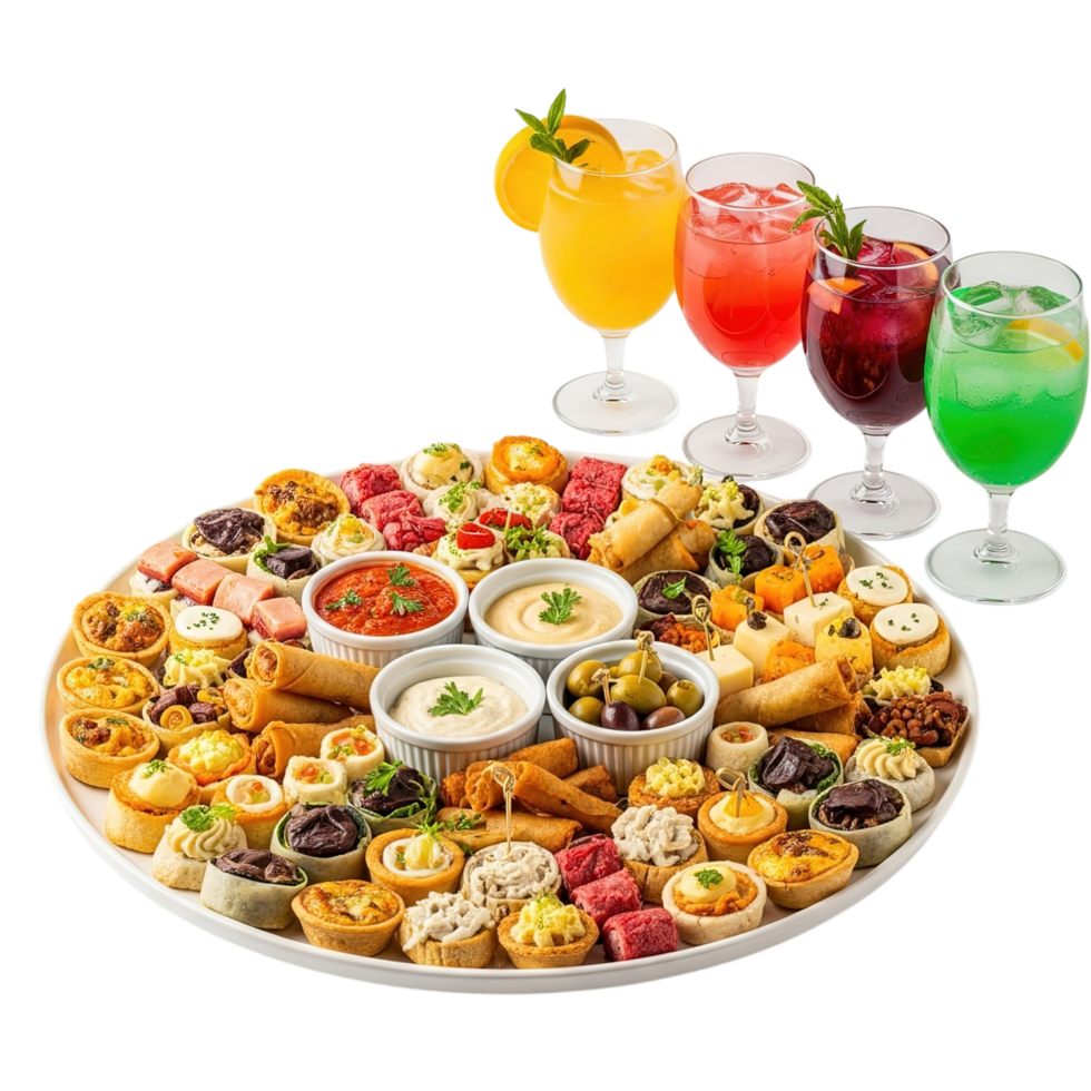 A large platter filled with an assortment of colorful appetizers and dips served with festive cocktails isolated on transparent background png