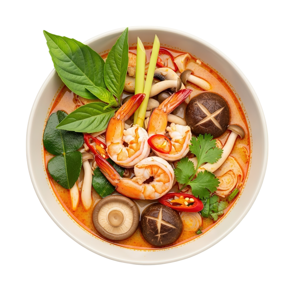 Delicious tom yum goong soup with succulent shrimp and fresh herbs in a bowl isolated on transparent background png