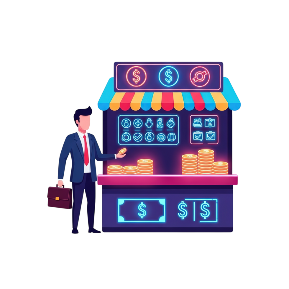 Businessman standing next to a colorful money exchange booth with glowing neon lights and stacks of coins isolated on transparent background png