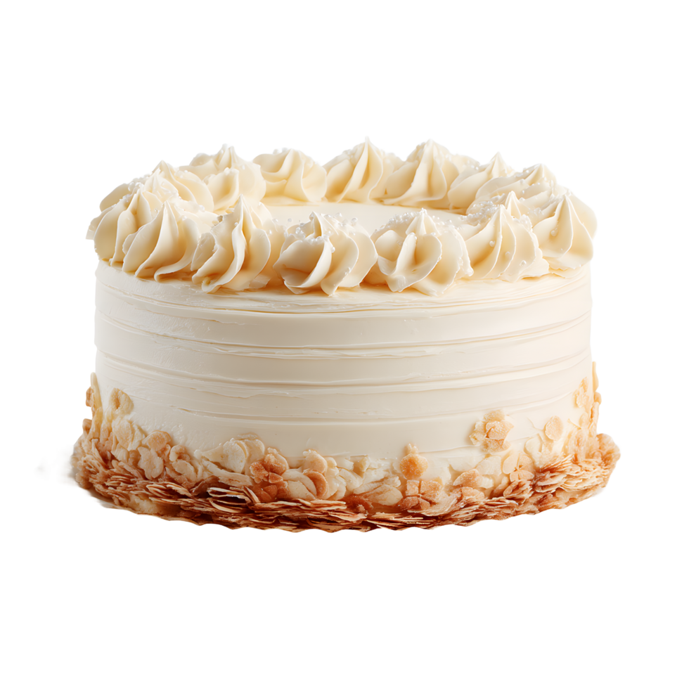 Elegant round vanilla cake with creamy frosting and toasted almond slivers isolated on transparent background png