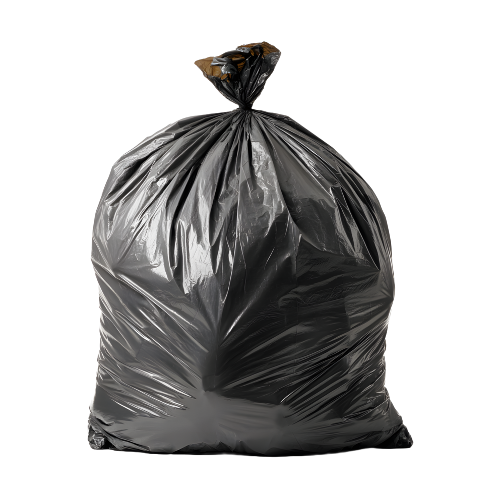 Full black garbage bag tied at the top isolated on transparent background png