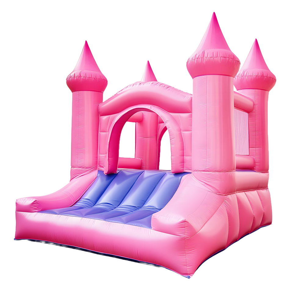 Vibrant pink inflatable castle bounce house with blue slide isolated on transparent background png