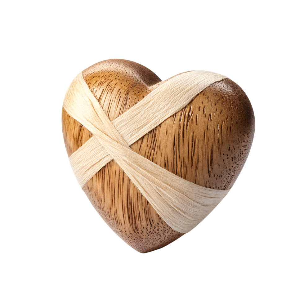 Wooden heart shape with natural fiber bandages isolated on transparent background png