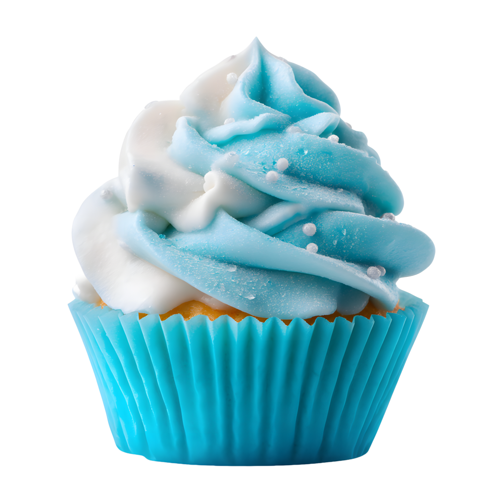 Close up of a delicious blue and white frosted cupcake with sprinkles isolated on transparent background png