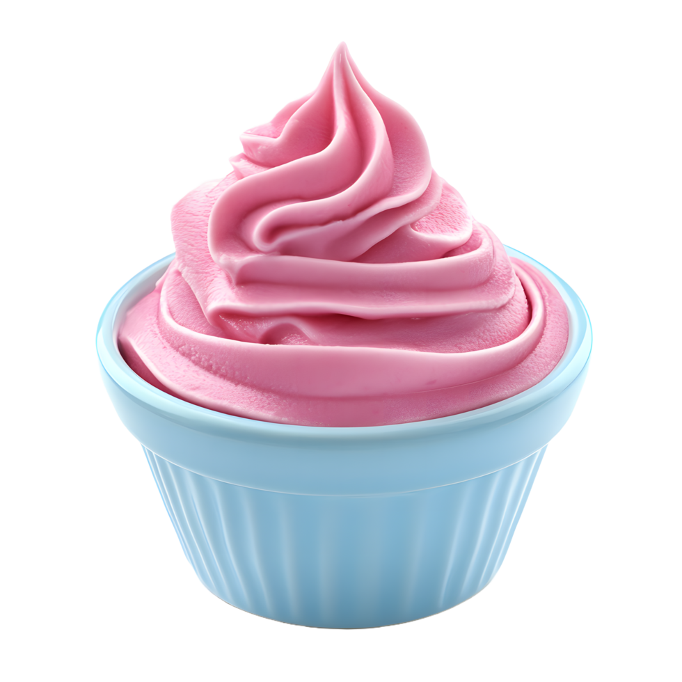 A swirl of pink soft serve ice cream in a light blue fluted bowl isolated on transparent background png