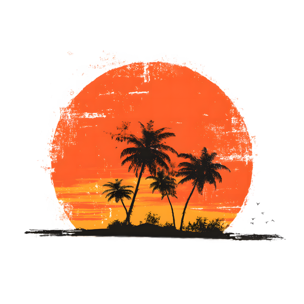 Tropical island with palm trees silhouetted against a vibrant sunset isolated on transparent background png