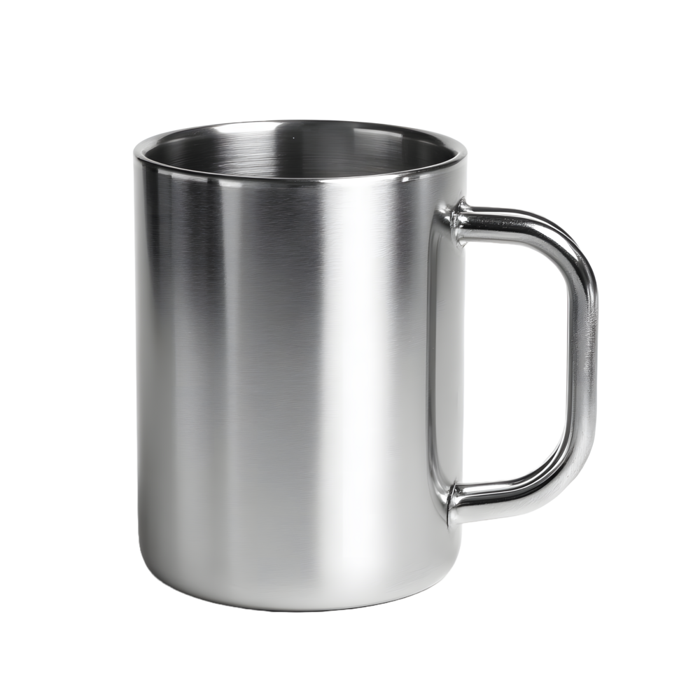 Shiny metallic stainless steel mug with a comfortable handle isolated on transparent background png
