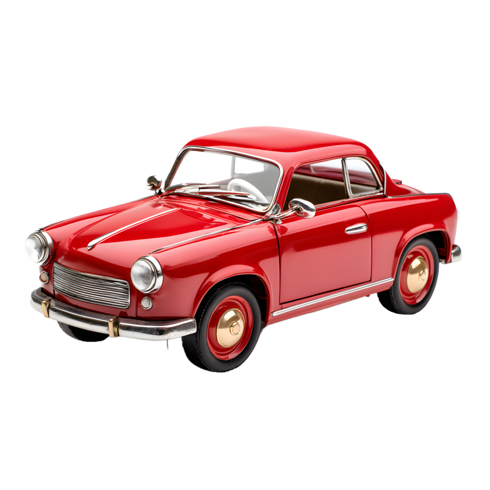 Classic red vintage coupe car with chrome accents and gold hubcaps isolated on transparent background png