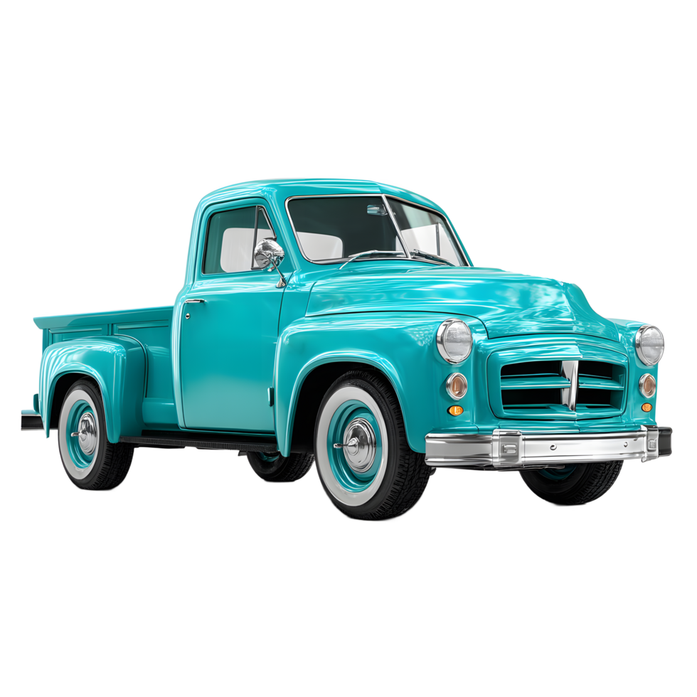 Classic turquoise pickup truck with whitewall tires isolated on transparent background png