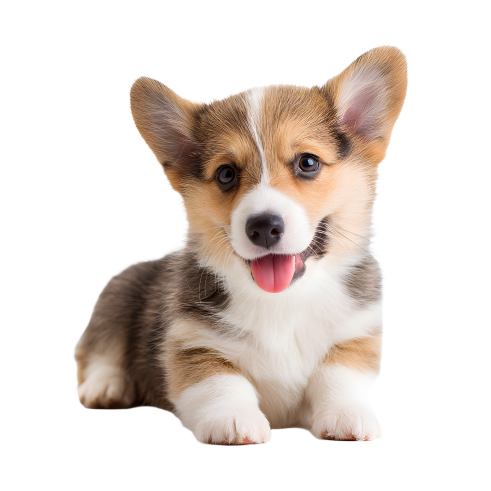 Adorable pembroke welsh corgi puppy with tongue out sitting and looking at the camera isolated on transparent background png