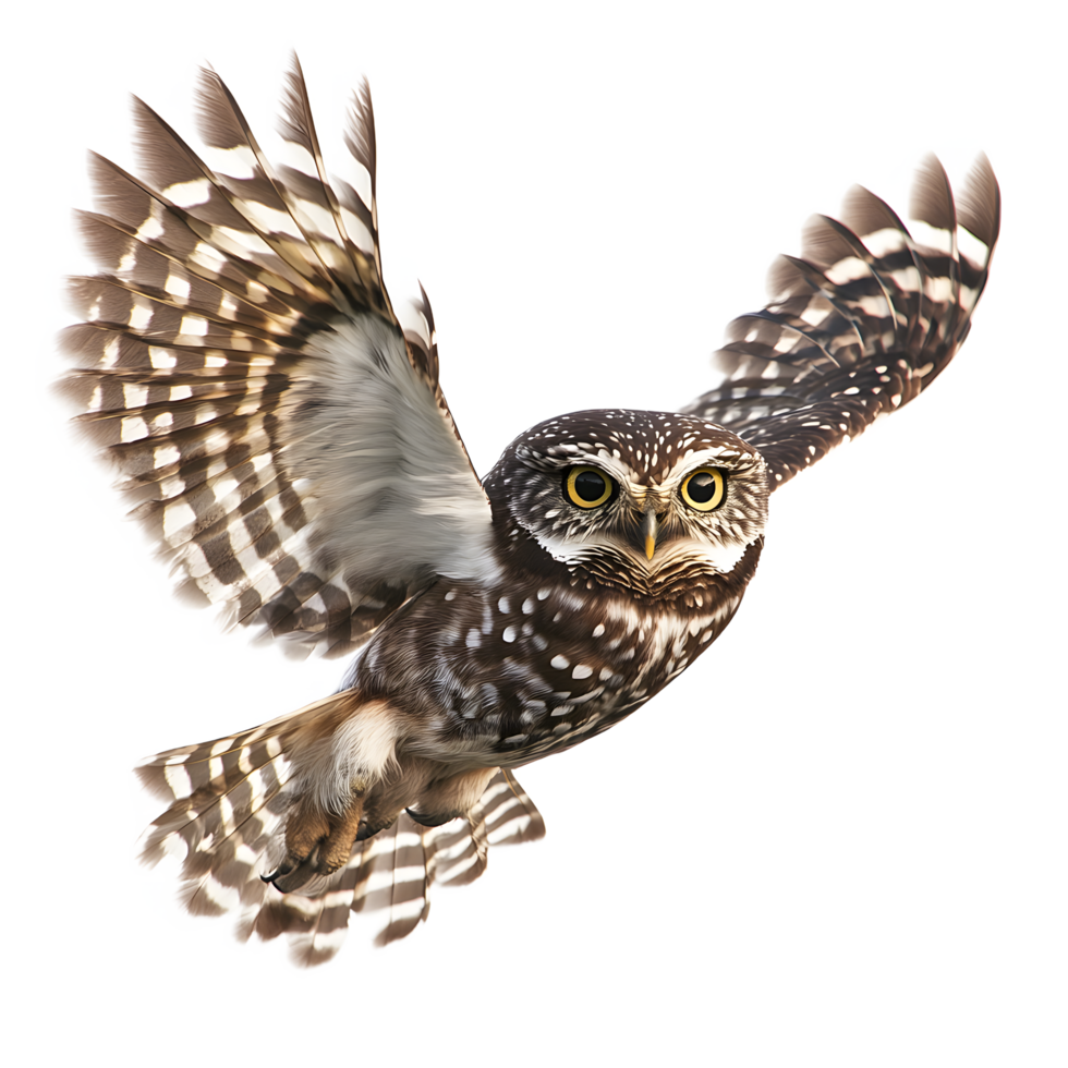 Little owl in flight with wings spread wide and focused gaze isolated on transparent background png