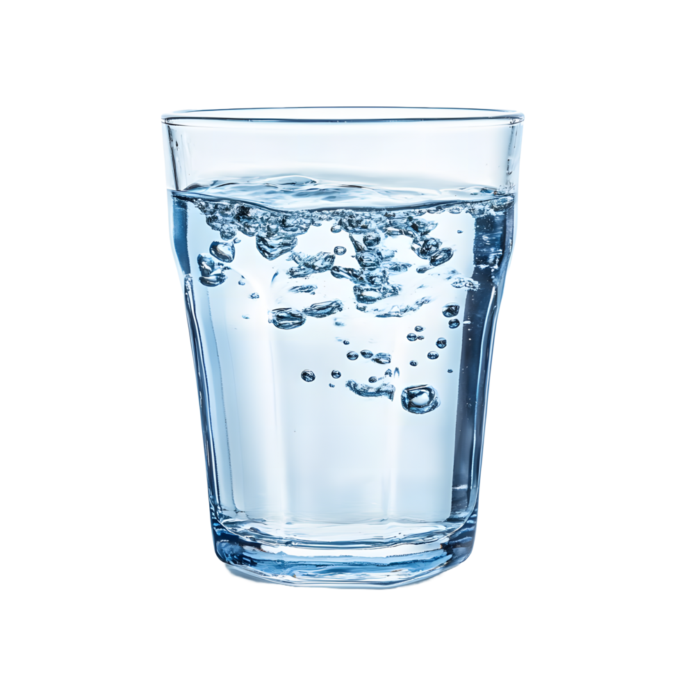 Clear glass filled with sparkling water and bubbles isolated on transparent background png