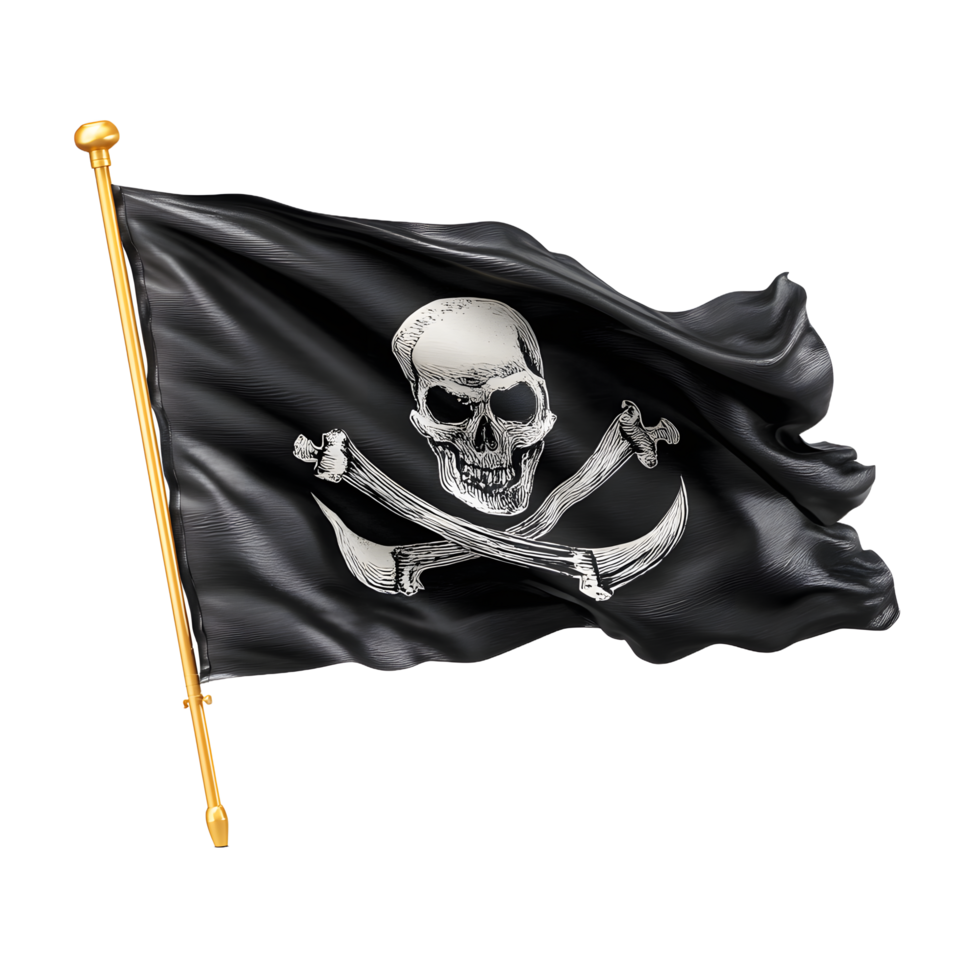 Realistic black pirate flag with skull and crossbones waving on a golden flagpole isolated on transparent background png
