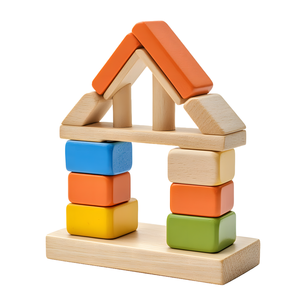 Colorful wooden building blocks stacked to form a house shape isolated on transparent background png