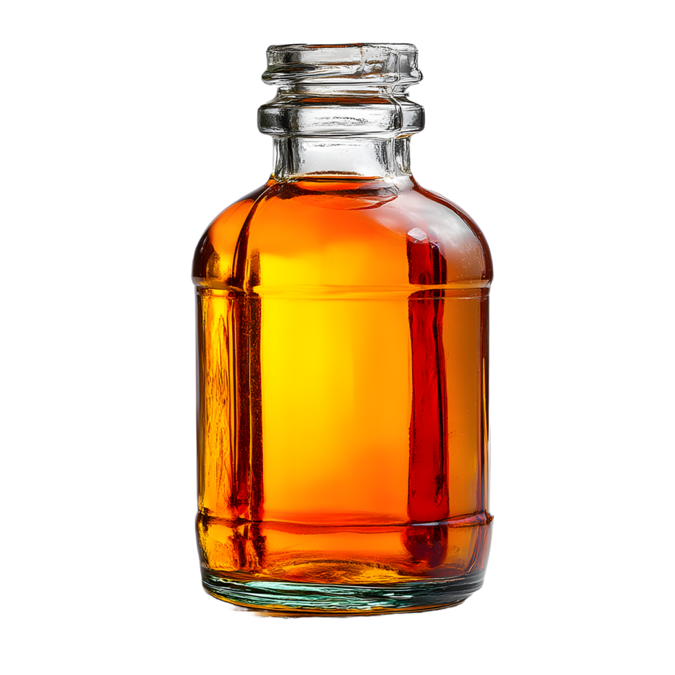 A small glass bottle filled with amber colored liquid isolated on transparent background png