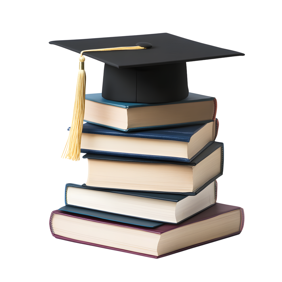 Stack of academic books topped with a graduation cap and tassel isolated on transparent background png