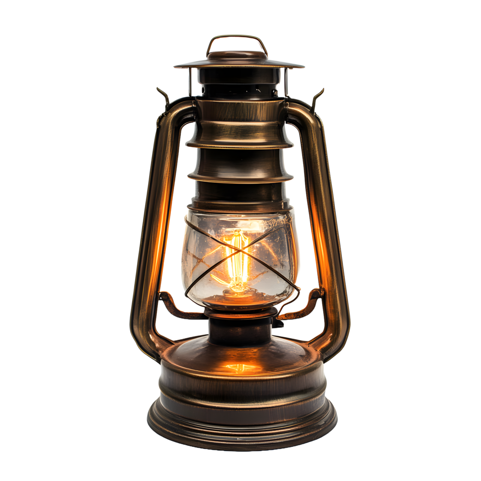 Antique kerosene lantern with a glowing edison bulb and brass finish isolated on transparent background png