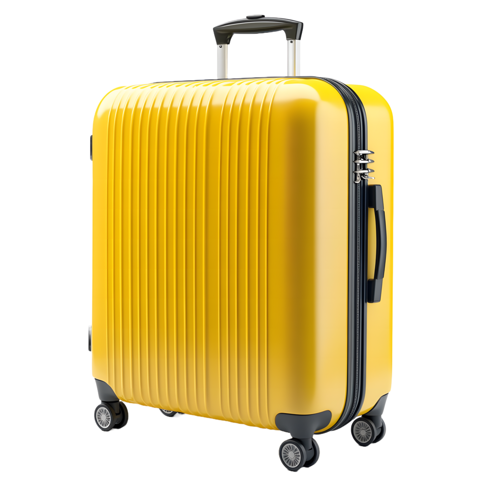 Bright yellow modern suitcase with a retractable handle and spinner wheels isolated on transparent background png