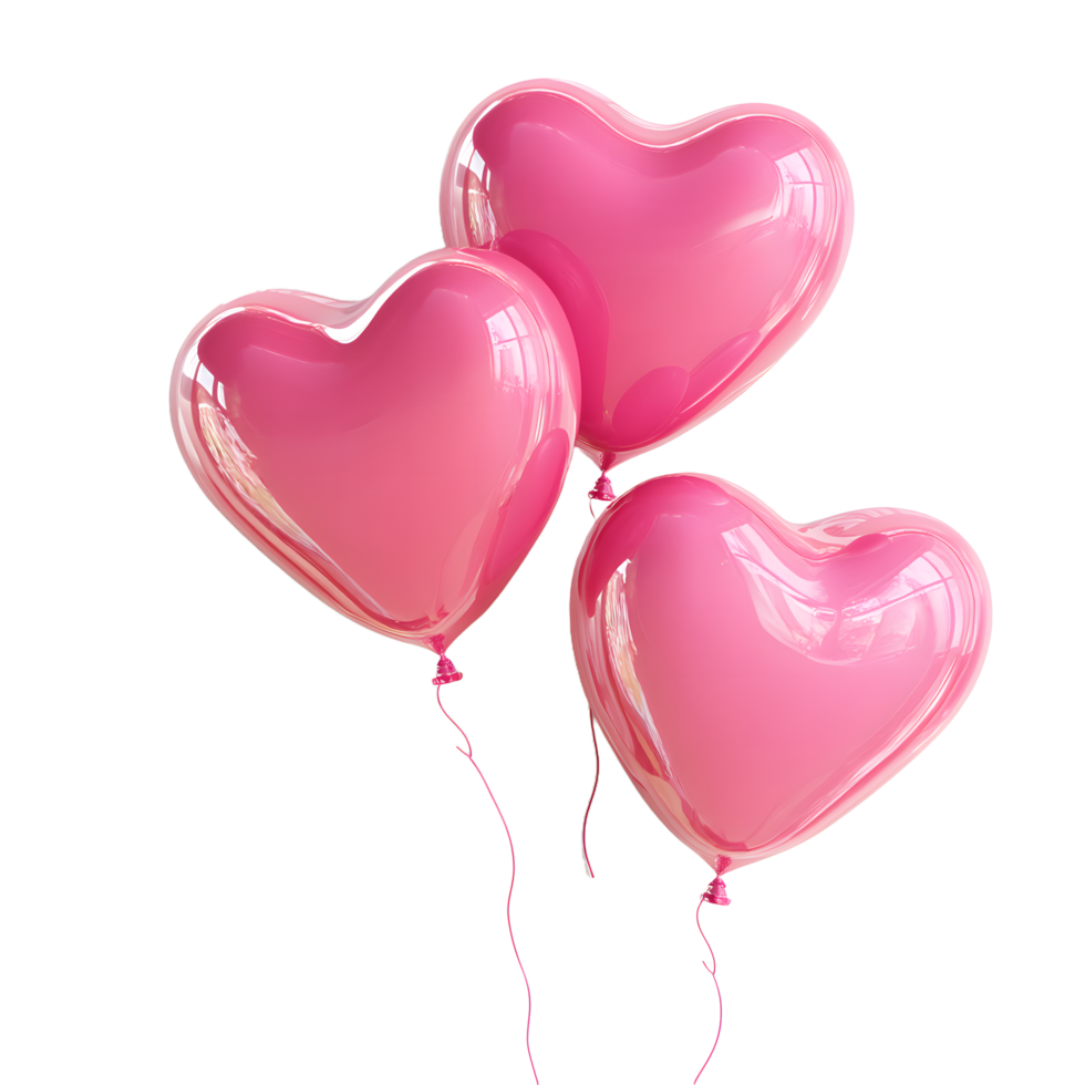 Three glossy pink heart shaped balloons floating together isolated on transparent background png