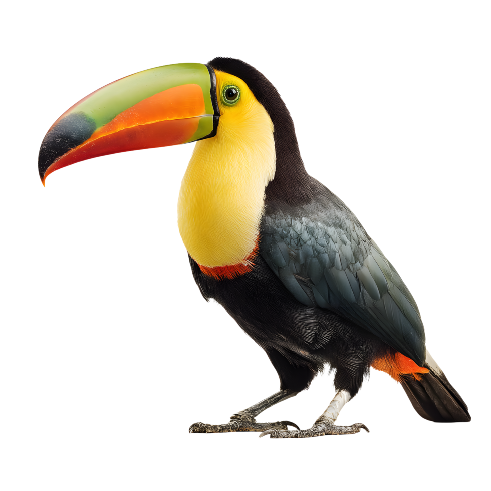 A vibrant keel billed toucan with its iconic colorful beak stands on a transparent background png