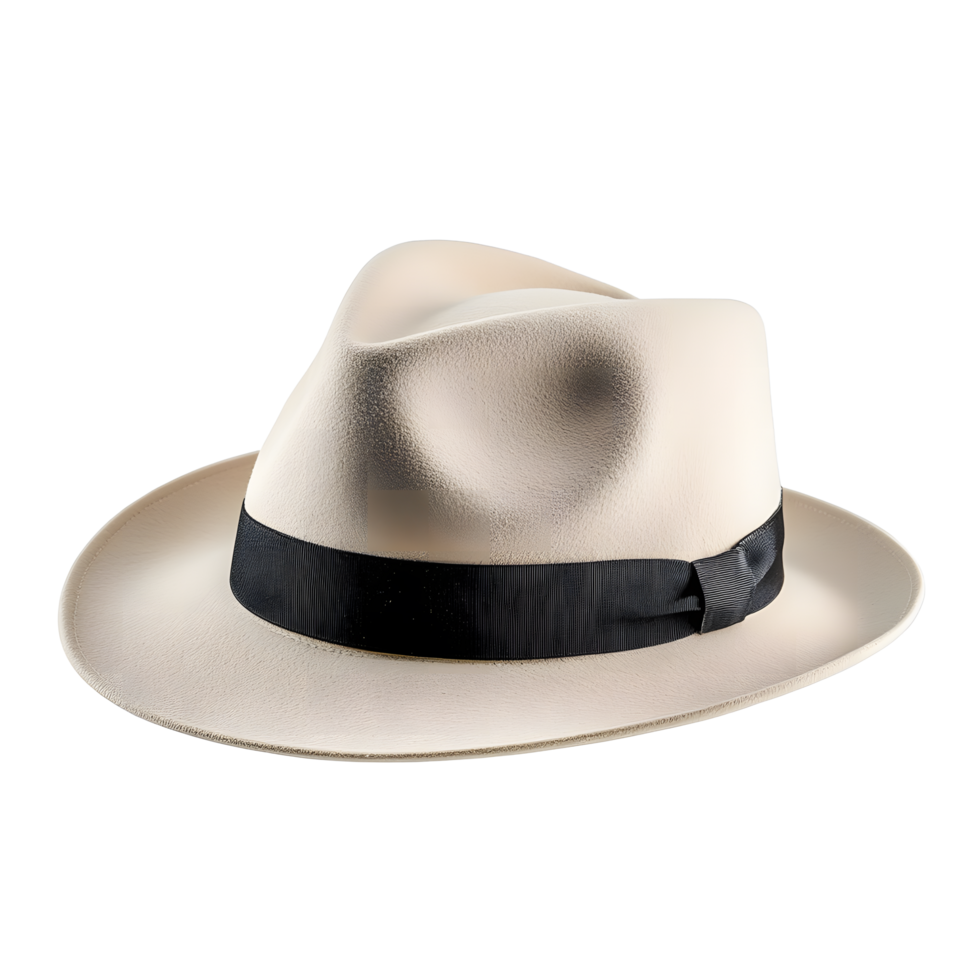 Classic cream fedora hat with black ribbon band isolated on transparent background png