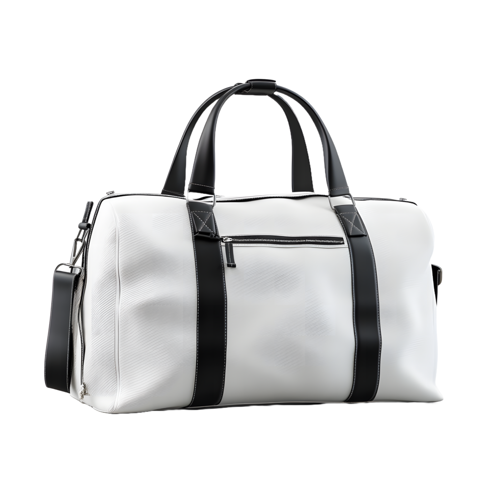 Stylish white duffel bag with black accents and shoulder strap isolated on transparent background png
