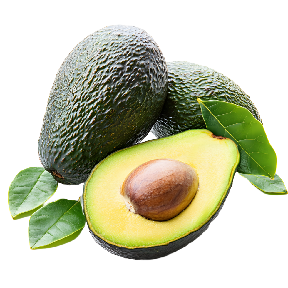 Fresh ripe avocados with green leaves isolated on transparent background png