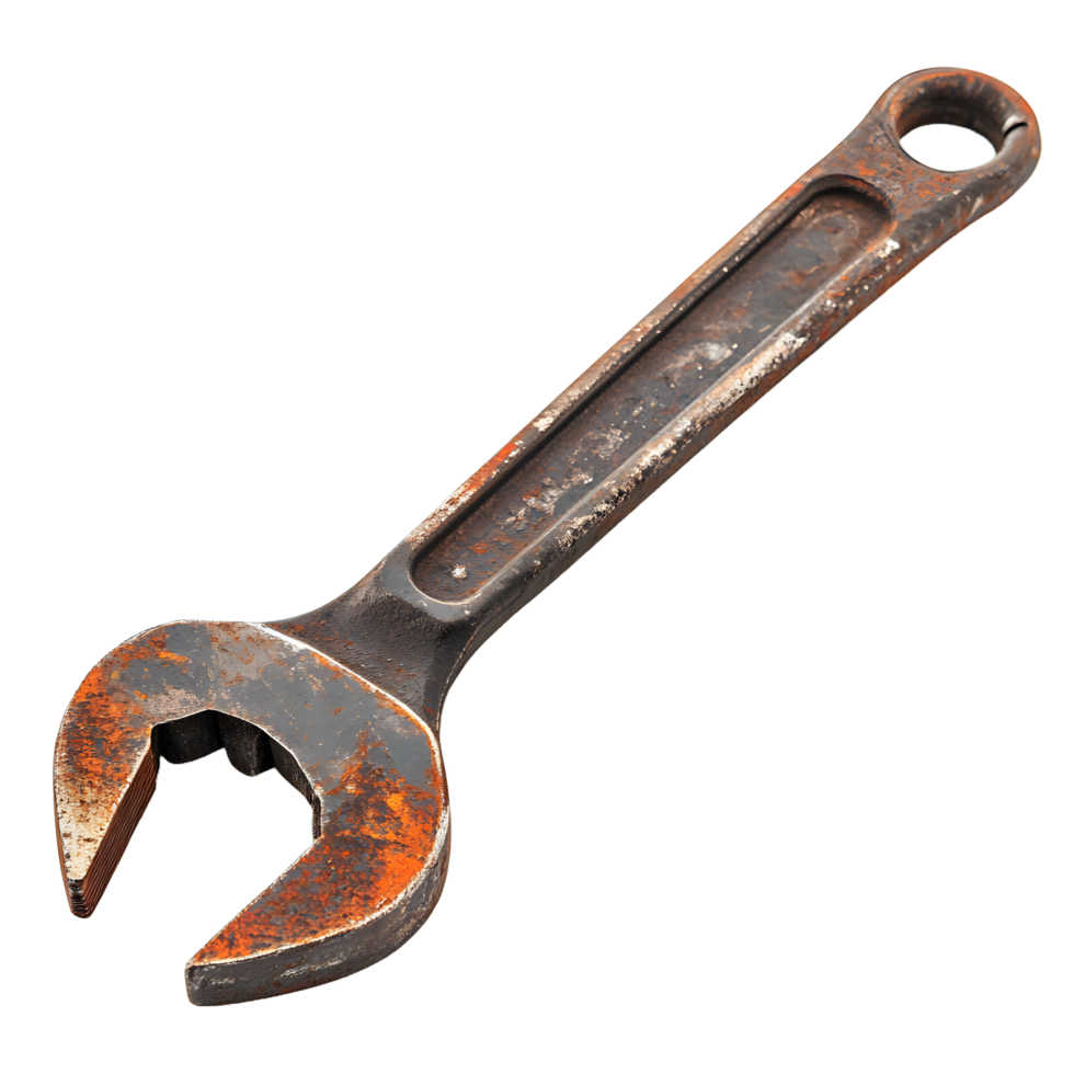 Close up of a rusty old metal wrench with a double ended open jaw isolated on transparent background png