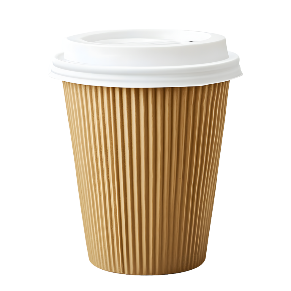 A corrugated cardboard disposable coffee cup with a white lid isolated on transparent background png