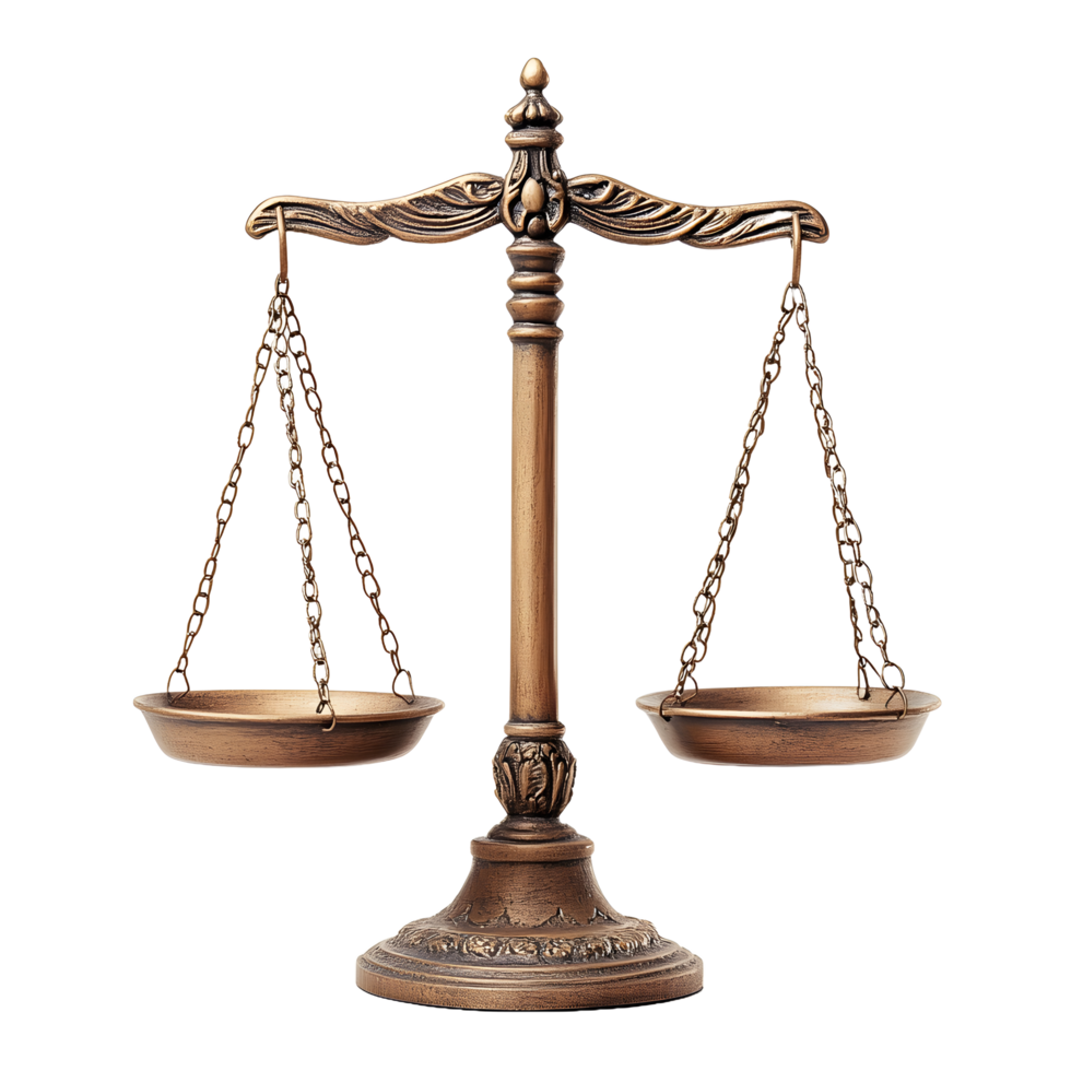 Antique brass justice scales with ornate details isolated on transparent background png