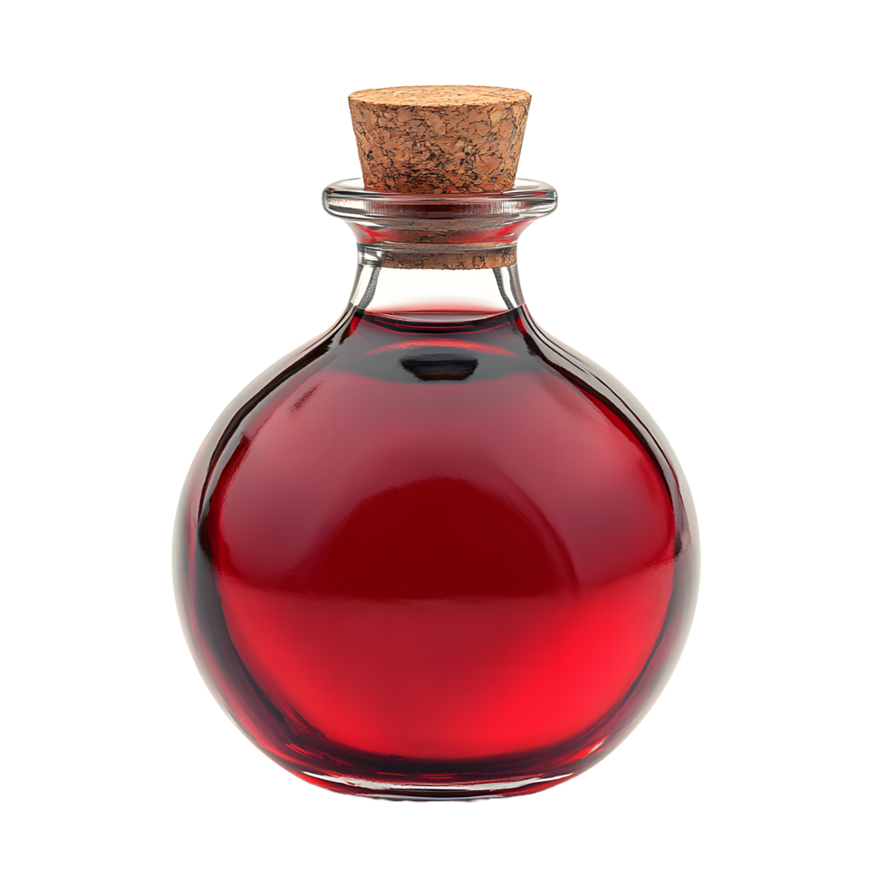 A round glass bottle filled with a deep red liquid and sealed with a cork stopper isolated on transparent background png