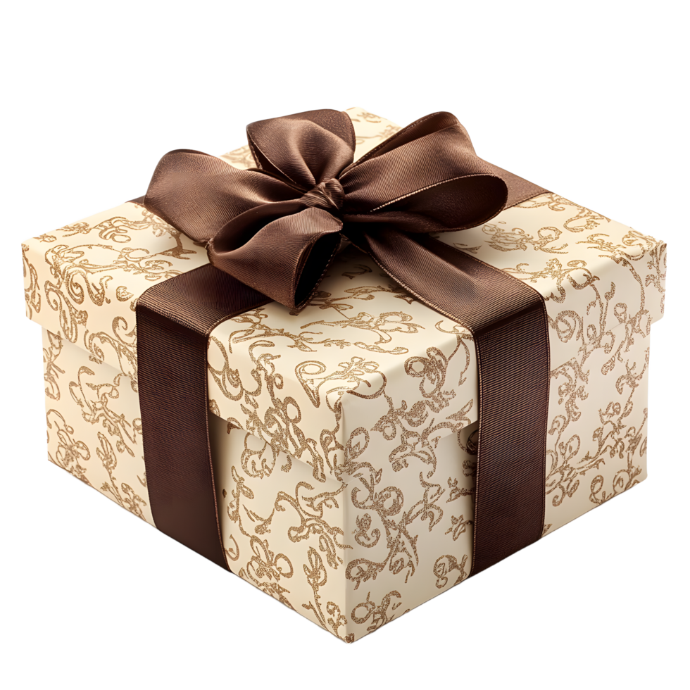 Elegant cream gift box with ornate gold pattern and rich brown satin ribbon bow isolated on transparent background png