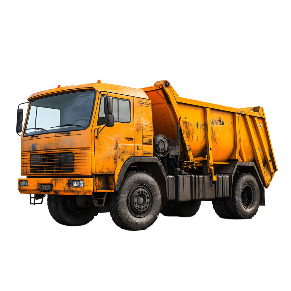 Grungy orange dump truck with a large cargo bed isolated on transparent background png