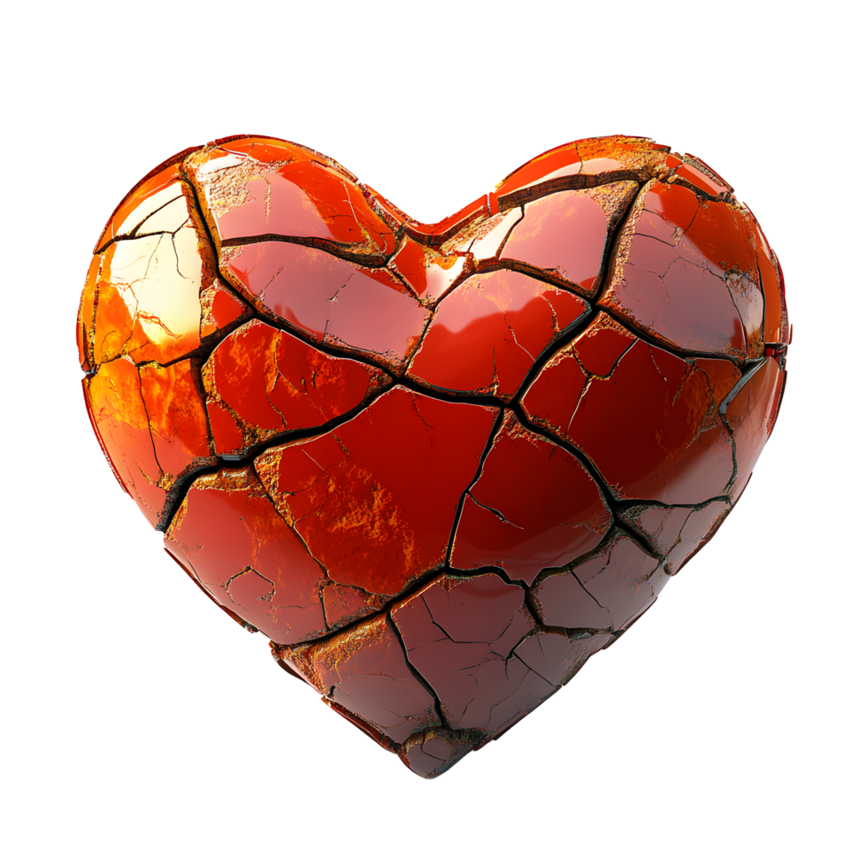 A cracked red heart with a glossy surface and textured interior isolated on transparent background png