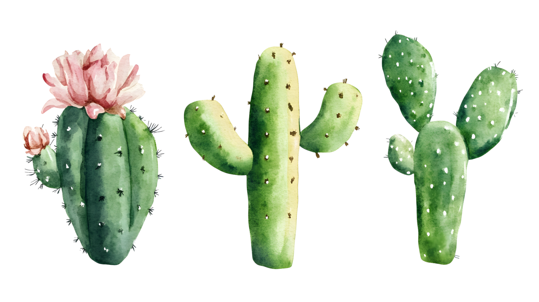 Three watercolor cacti with a pink flower and buds isolated on transparent background png