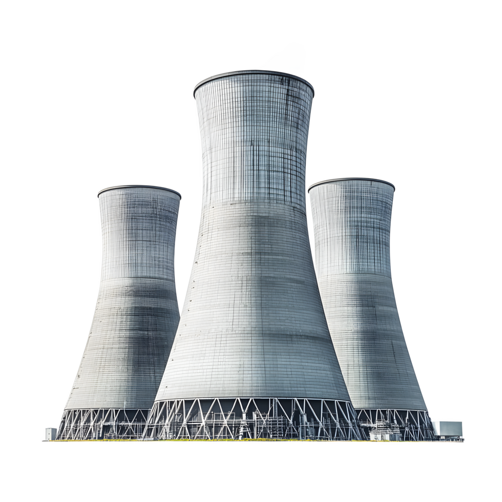 Three large industrial cooling towers emitting steam against a stark isolated on transparent background png