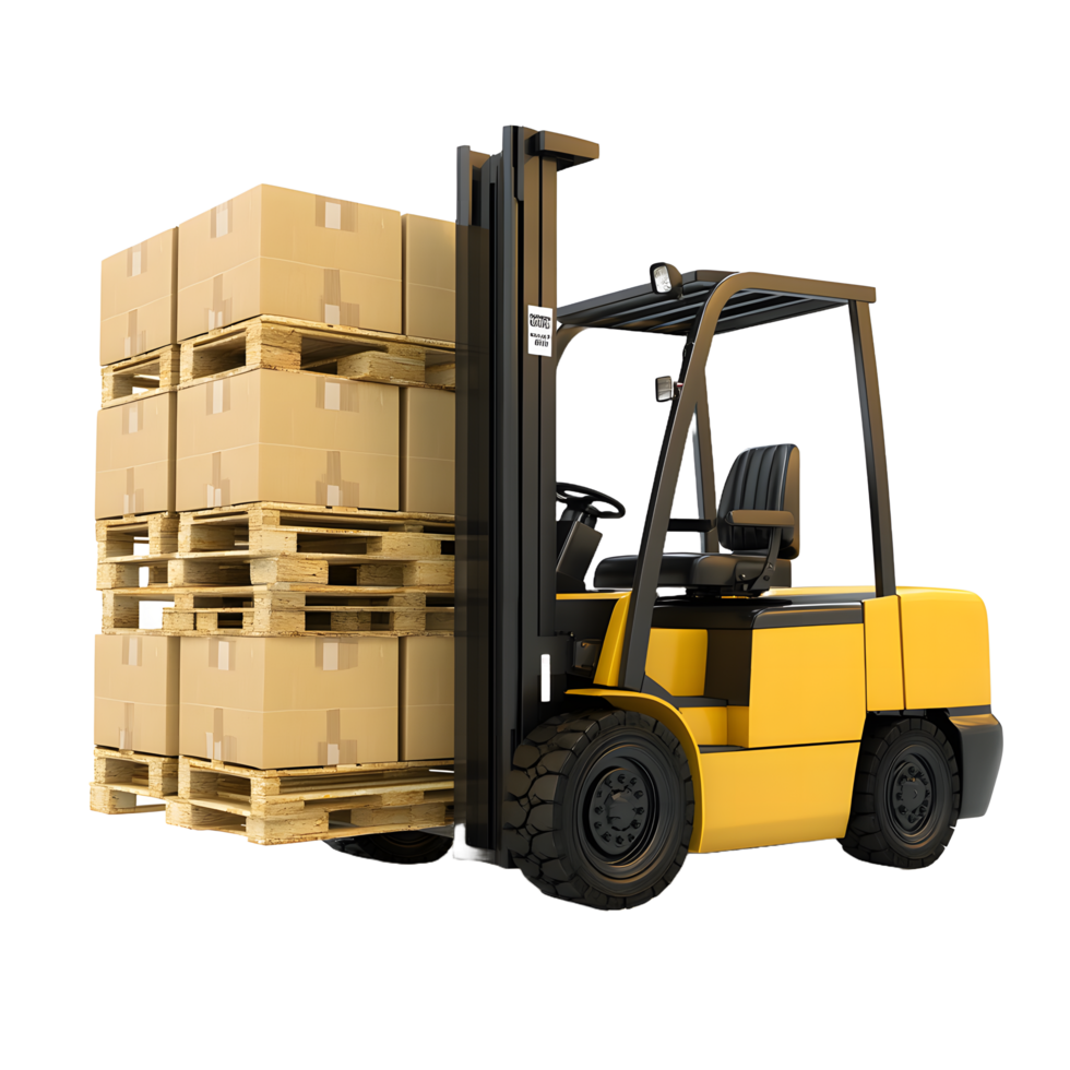 Yellow forklift truck lifting stack of cardboard boxes on wooden pallets isolated on transparent background png