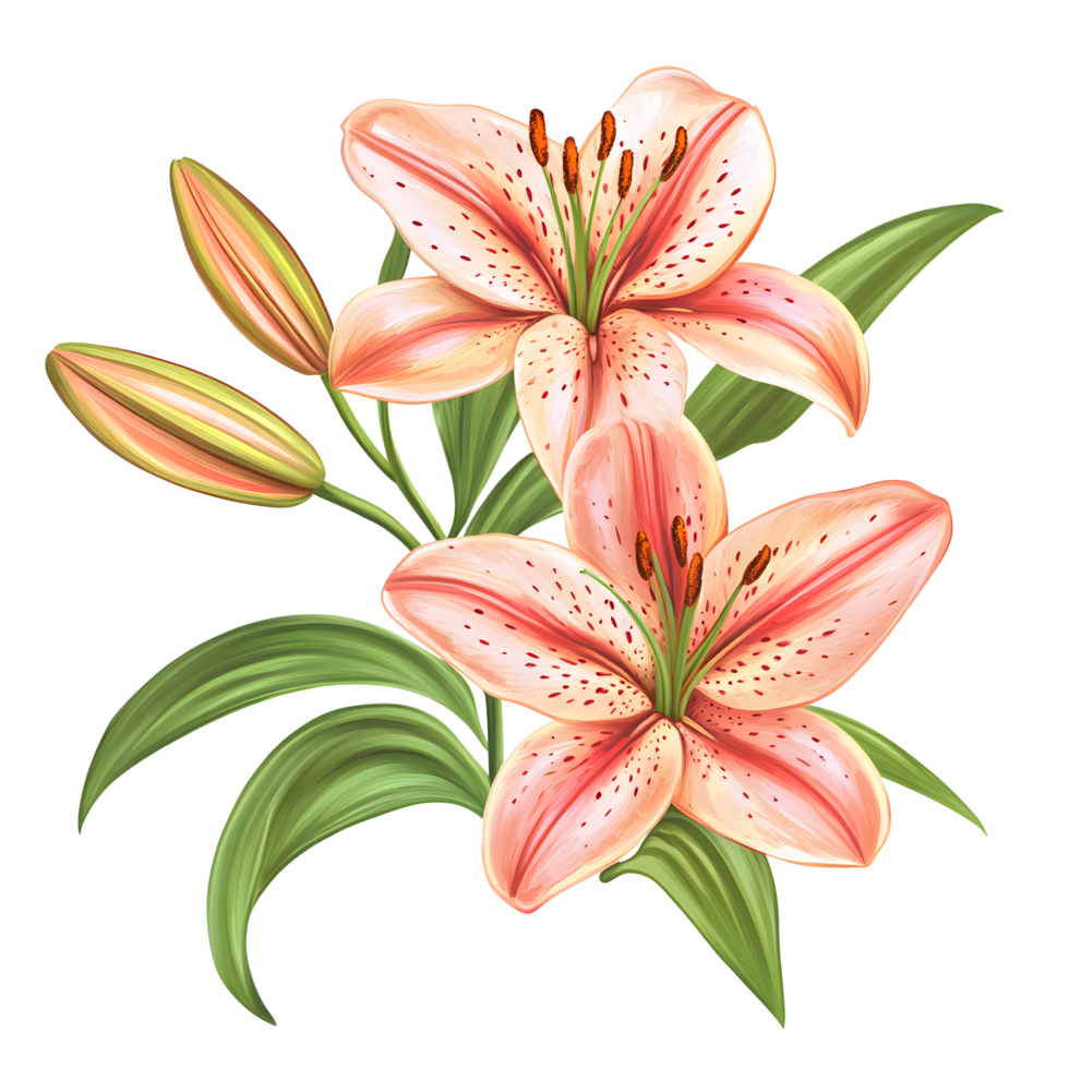 Two beautiful peach colored lilies with green leaves and buds isolated on transparent background png