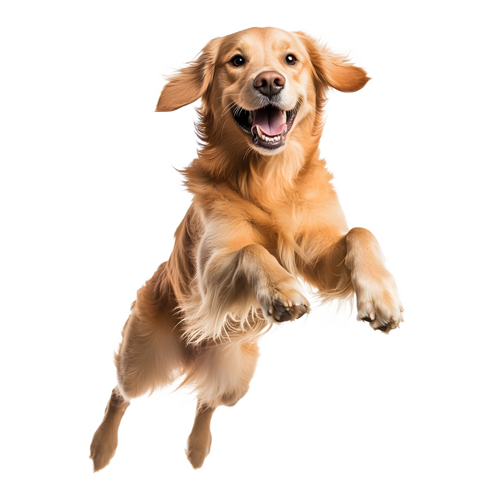 Joyful golden retriever dog leaping mid air with its mouth open and tongue out isolated on transparent background png