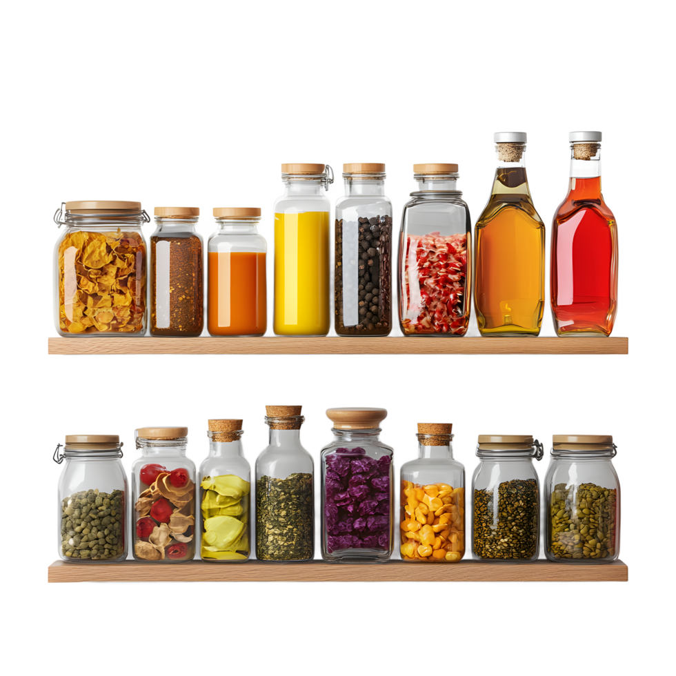 Collection of assorted food ingredients in glass jars on wooden shelves isolated on transparent background png
