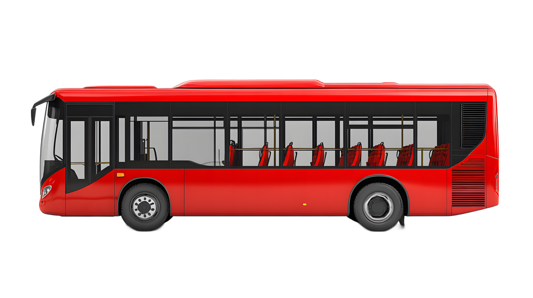 Modern red city bus with passenger seats visible isolated on transparent background png
