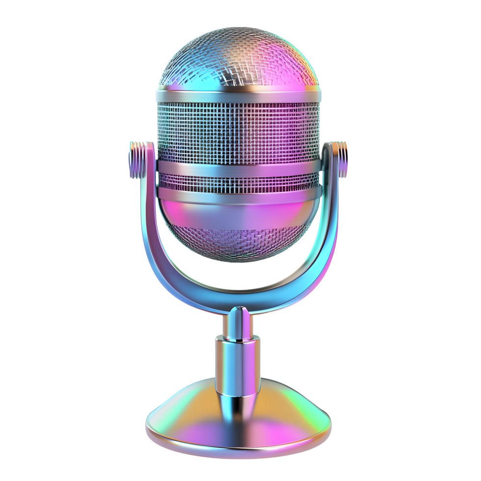Retro style microphone with iridescent holographic chrome finish isolated on transparent background png