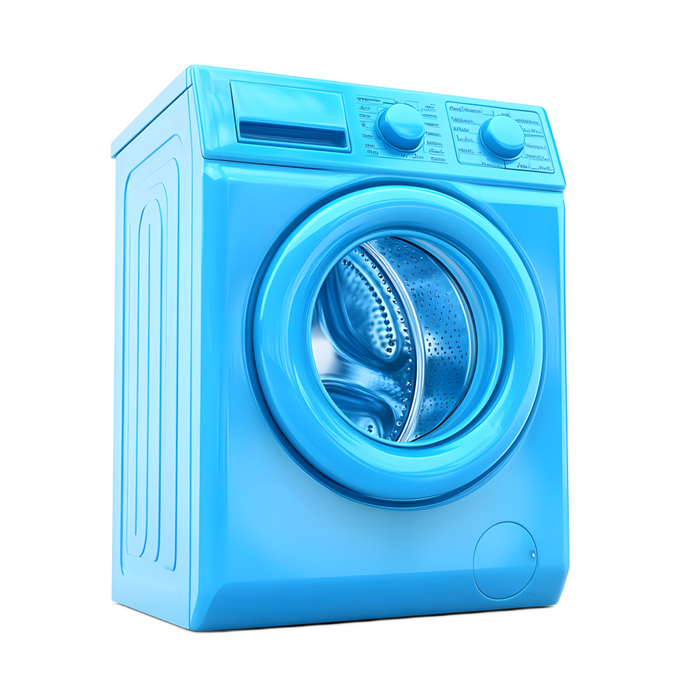 Modern shiny blue washing machine appliance with control panel and drum isolated on transparent background png