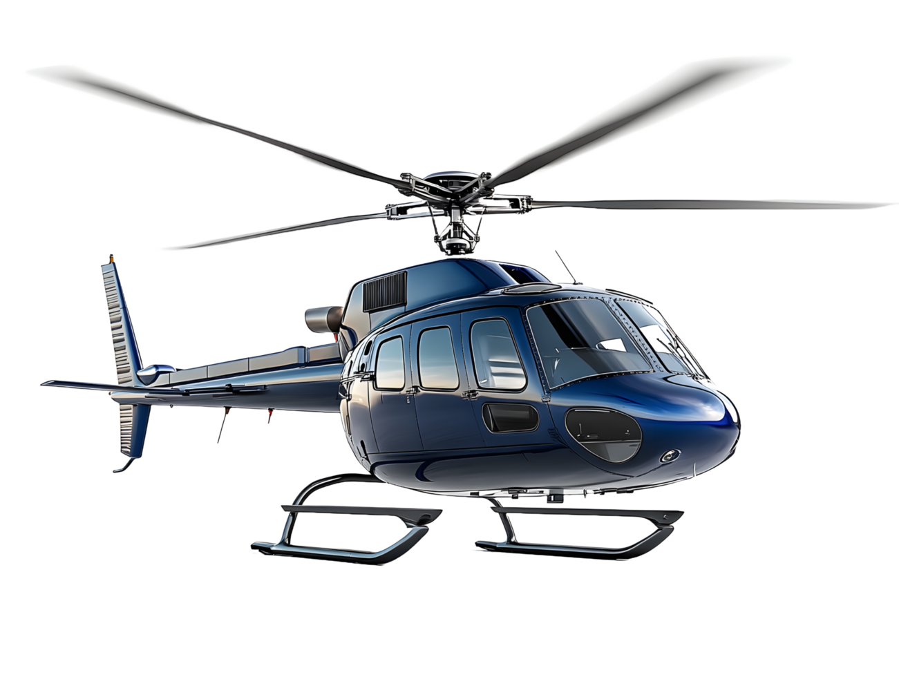 Sleek dark blue luxury helicopter with rotor blades and landing gear isolated on transparent background png