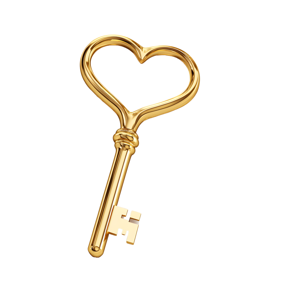 Elegant golden heart shaped key isolated on transparent background png