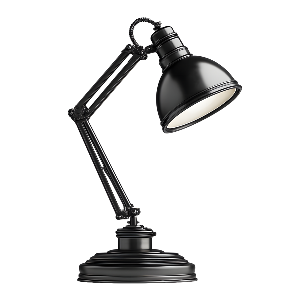 Classic black articulated desk lamp with adjustable arm and circular base isolated on transparent background png