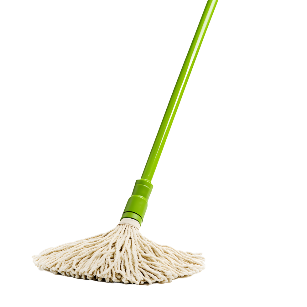A clean string mop with a bright green handle isolated on transparent background png