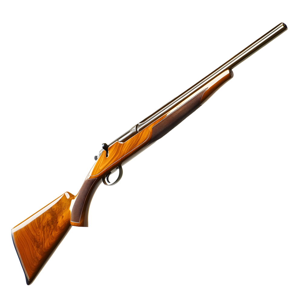 Elegant wooden hunting rifle with polished metal barrel and intricate stock detail isolated on transparent background png