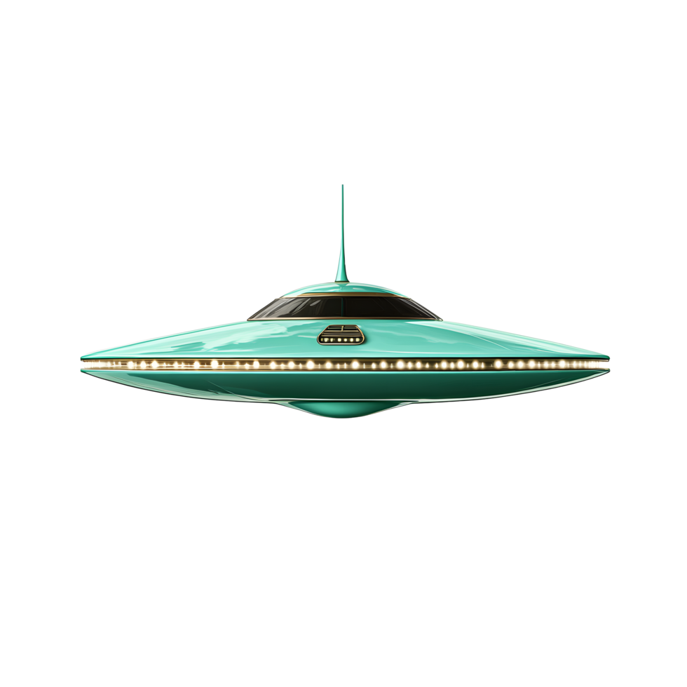 Retro futuristic teal flying saucer with gold accents and glowing lights isolated on transparent background png
