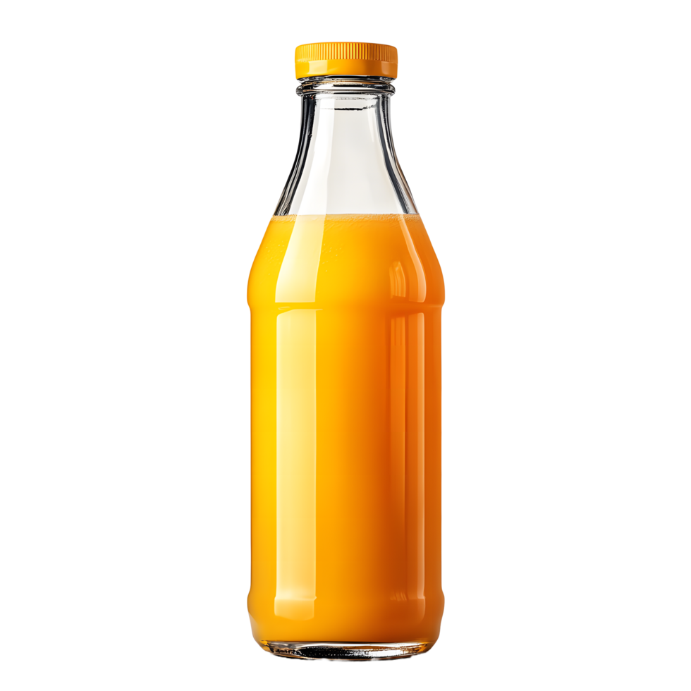Glass bottle filled with bright orange juice and a yellow cap isolated on transparent background png